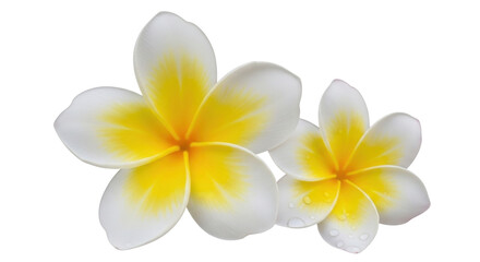 Isolated Two plumeria flowers, white and yellow blooms in a horizontal composition near each other