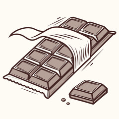 A delicious chocolate bar with a piece broken off and wrapper partially open on a light background