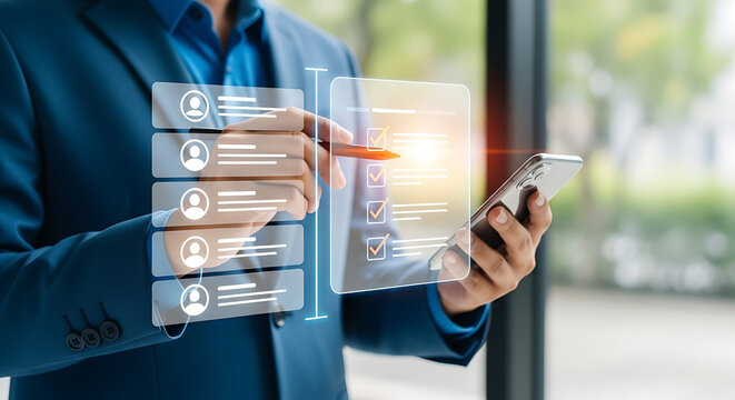 Businessman using smartphone with digital interface of user profiles and data