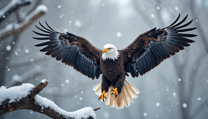 Fototapeta premium Bald eagle flies with spread wings in snowy forest. American bird of prey in flight, white head, tail feathers, dark brown body, sharp talons, winter scene, snowfall, wildlife, nature, conservation,