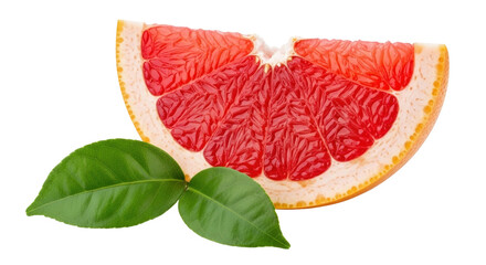 Isolated grapefruit slice with green leaves, fresh and vibrant, summer fruit goodness