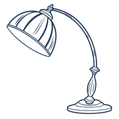 A vintage style desk lamp with a curved arm and a dome shaped shade in a simple line art drawing style