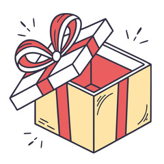 An open gift box with a red ribbon and bow revealing a red interior symbolizing surprise and celebration