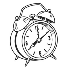 Classic black and white illustration of a vintage alarm clock with two bells and a dial showing time