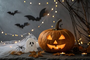 Spooky Jack o lantern pumpkin, glowing ghosts, lights, spiders and bats in dark. 