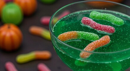 Green cocktail with gummy worms and Halloween-themed decorations