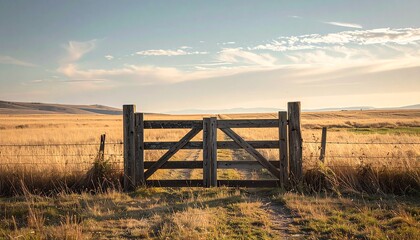 Fototapeta premium Rustic wooden farm gate standing alone in an open field. A cinematic image for rural life, countryside, solitude, and agriculture. 