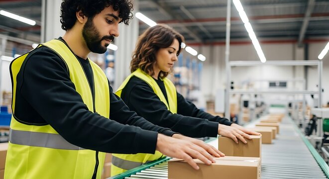 Two diverse warehouse workers in high visibility vests working on a conveyor belt with packages