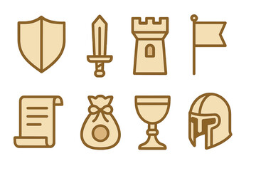 Collection of medieval fantasy game icons including shield sword tower and helmet