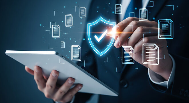 Businessman interacting with digital security shield and data documents on tablet