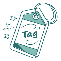Whimsical teal tag illustration with stars and decorative swirls for branding and marketing concepts