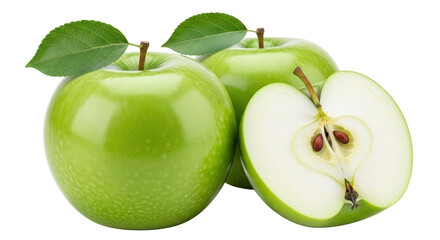 Isolated fresh bright green Granny Smith apples and sliced apple with stem and leaves