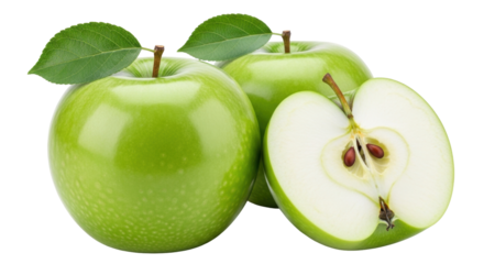 Isolated fresh bright green Granny Smith apples and sliced apple with stem and leaves