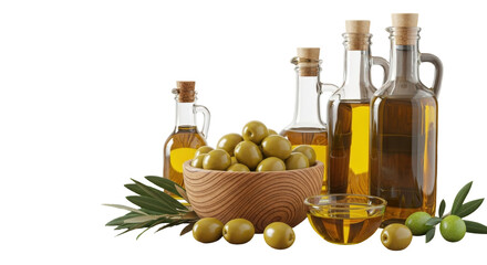 Isolated Still life of glass bottles filled with olive oil, wooden bowl, and olives