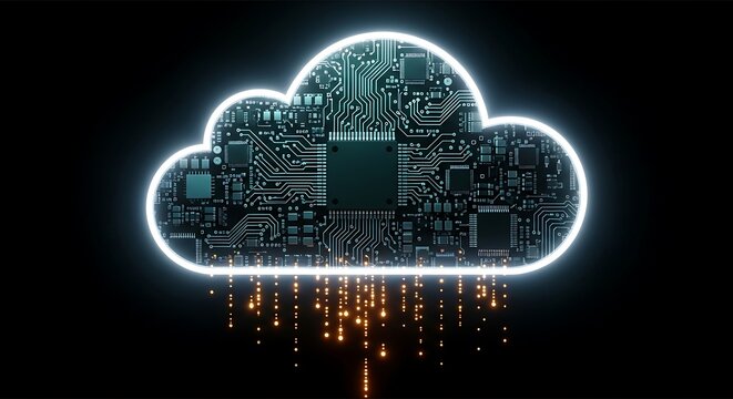 Digital cloud computing symbol with glowing neon outline and data streams on black background