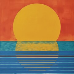 Llarge half-circle sun in yellow taking up the top half of the composition. Blue horizontal stripes at the bottom represent water, all on a warm orange background