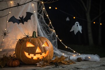 Spooky Jack o lantern pumpkin, glowing ghosts, lights, spiders and bats in dark. 