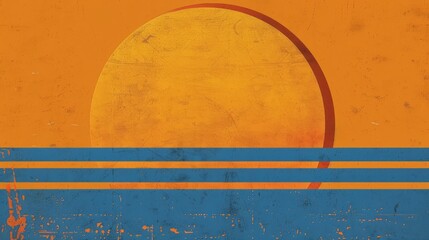 Llarge half-circle sun in yellow taking up the top half of the composition. Blue horizontal stripes at the bottom represent water, all on a warm orange background