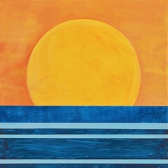 Llarge half-circle sun in yellow taking up the top half of the composition. Blue horizontal stripes at the bottom represent water, all on a warm orange background