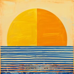 Llarge half-circle sun in yellow taking up the top half of the composition. Blue horizontal stripes at the bottom represent water, all on a warm orange background