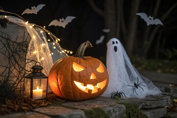 Spooky Jack o lantern pumpkin, glowing ghosts, lights, spiders and bats in dark. 