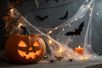 Spooky Jack o lantern pumpkin, glowing ghosts, lights, spiders and bats in dark. 