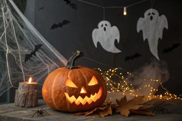 Spooky Jack o lantern pumpkin, glowing ghosts, lights, spiders and bats in dark. 