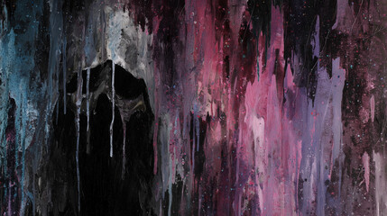 Dark abstract painting with hooded figure silhouette emerging from dripping black, pink, and purple strokes symbolizing mystery, fear, and the unknown