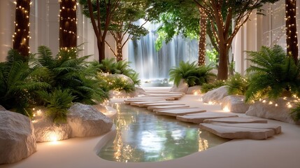 Enchanted garden path with glowing fairy lights, lush ferns, stepping stones, and a serene waterfall