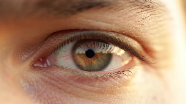 Macro view of a human eye with brown iris and dark eyelashes