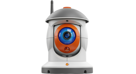 Isolated modern robotic eye-shaped security camera with antenna and orange accents design.