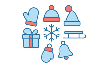 Winter holiday season icons set with festive elements like hats, mittens, snowflake, and gift box