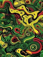 The image showcases an abstract, psychedelic design with intricate patterns and bold shapes