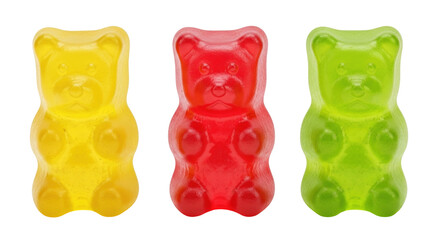 Isolated gummy bears candies, colorful treat assortment, chewy gelatin bear snacks, party food © Leon