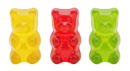 Isolated gummy bears candies, colorful treat assortment, chewy gelatin bear snacks, party food