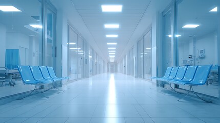 Light Blue Hospital Corridor With Waiting Benches and Glass Doors in Perspective View