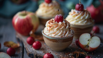 This dessert combines the natural sweetness and tartness of the apples with the rich, creamy, and crunchy textures of the toppings.