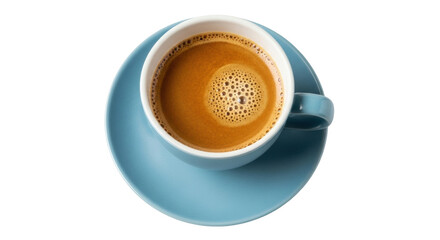 Isolated cappuccino in blue cup, overhead view showcasing delicate foam and rich brown liquid