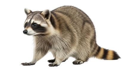 Isolated North American raccoon standing, looking to the left, closeup view animal wildlife © Leon