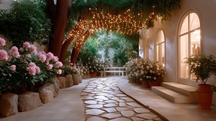 Fototapeta premium Enchanting Garden Pathway with Pink Roses and Twinkling Lights at Night