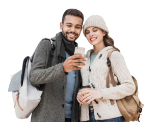 Beautiful happy young couple using smartphone isolated transparent PNG. Joyful smiling woman and man looking at mobile phone. Love, travel, tourism, students lifestyle concept