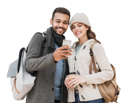 Beautiful happy young couple using smartphone isolated transparent PNG. Joyful smiling woman and man looking at mobile phone. Love, travel, tourism, students lifestyle concept
