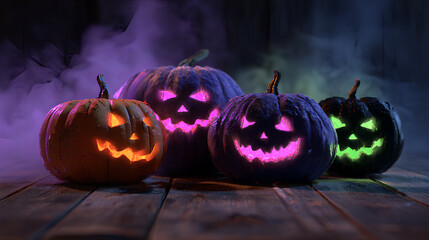 Halloween Pumpkins with Evil Smiles Illuminated by Neon Lights and Smoke, Spooky Holiday Decoration for Haunted Night, Creepy Jack O Lantern Atmosphere