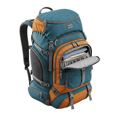 Fototapeta premium Teal and orange hiking backpack with an open compartment revealing folded clothes, perfect for travel and adventure, isolated on black.
