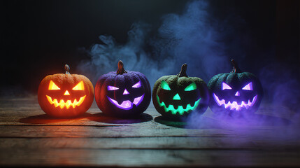 Halloween Pumpkins with Evil Smiles Illuminated by Neon Lights and Smoke, Spooky Holiday Decoration for Haunted Night, Creepy Jack O Lantern Atmosphere