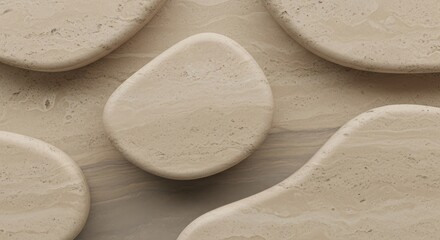 A beige and brown stone surface with a single large, round, beige stone in the center, surrounded by smaller stones and a gray stone with a wavy edge.