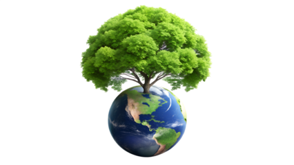 A vibrant green tree flourishes atop the earth, symbolizing growth, sustainability, and the interconnectedness of life, isolated on transparent background