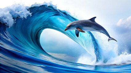 A captivating dolphin leaps out of a powerful blue wave, showcasing the beauty and energy of marine life in its natural habitat