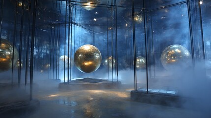 Surreal art installation of golden spheres suspended within a mirrored cage, misty