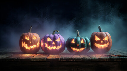 Spooky Halloween Pumpkins Glowing with Colorful Lights and Smoke on Wooden Floor, Festive Jack O Lantern Faces with Creepy Expressions in Dark Night Atmosphere